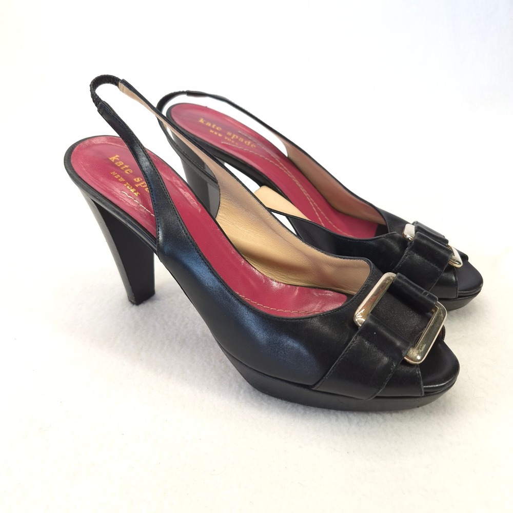 Kate Spade NY Black Leather Peep Toe Slingback Pump Gold Buckle Made Italy 7.5